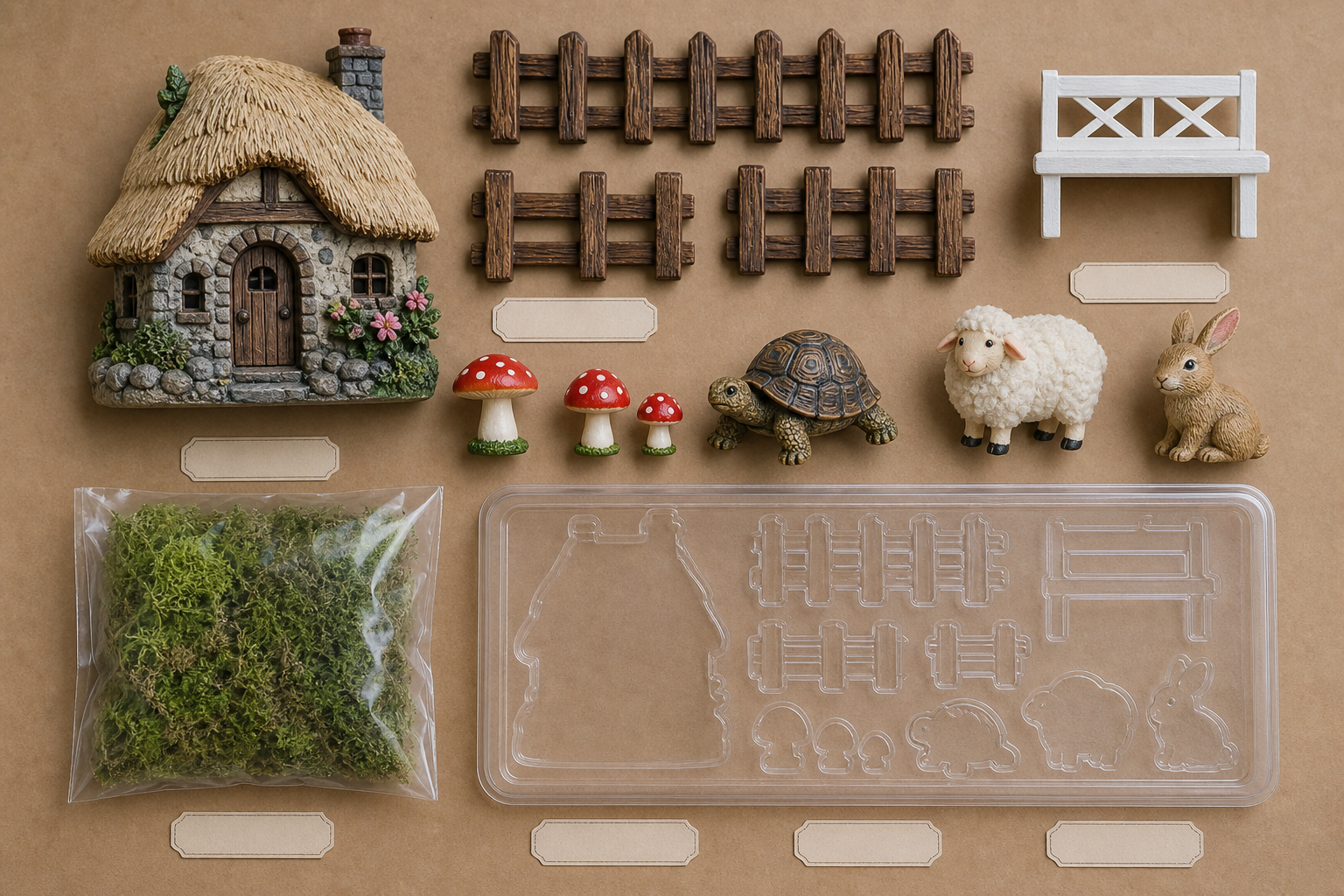 Moss Cottage Micro Landscape Kit contents laid out before assembly