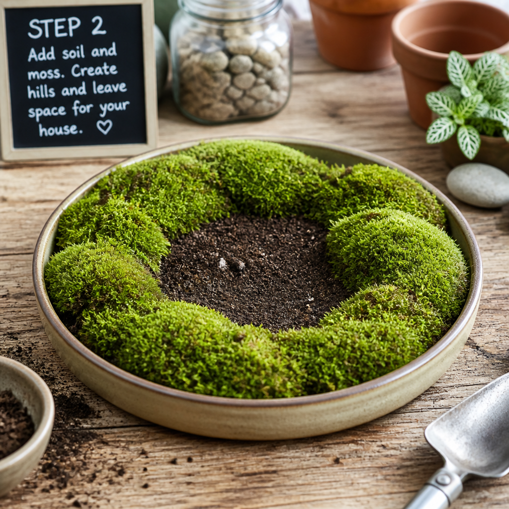Step 2: shape the moss base for the fairy garden kit