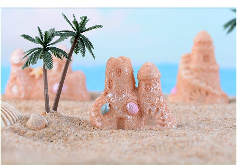 Miniature, Coconut Tree Colored Starfish Sand Sculpture Castle, Seaside Landscape Decor, Terrarium Accessories Figurines - 描述图 1