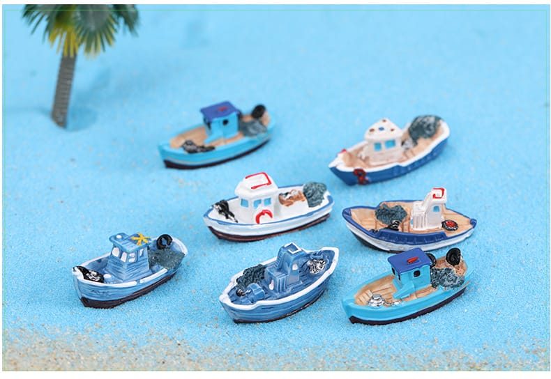 Mediterranean Mini Fishing Boat Ornament Micro Landscape Aquarium Decoration Handmade Fairy Garden Miniature Boat Fish Tank Seaside Yacht Decor - 描述图 4