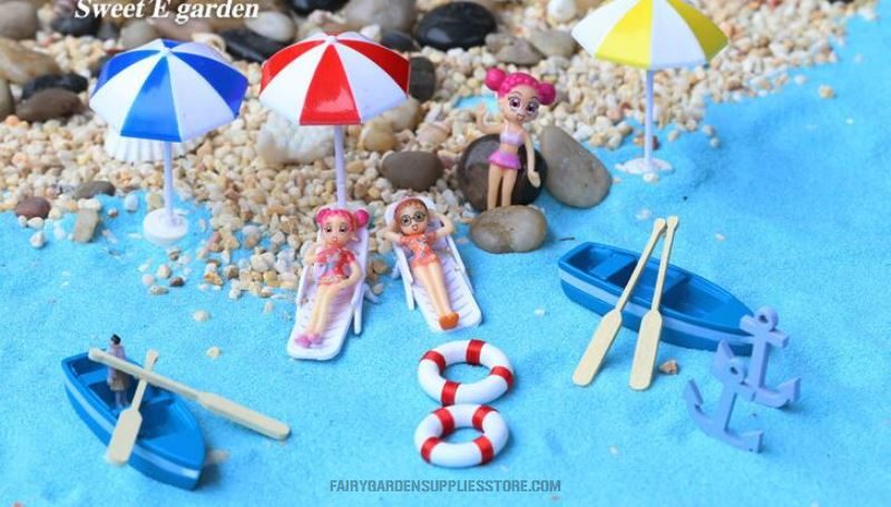 Mini Fairy Garden Boat Resin Figurines Terrariums Miniature Garden Bonsai Fairy Garden Decoration Artificial Sunshade Beach Chair Boat Anchor Life Buoy Girl Doll Seascape Fish Tank Diy Home Fairy Garden Accessories Aquarium - 描述图 2