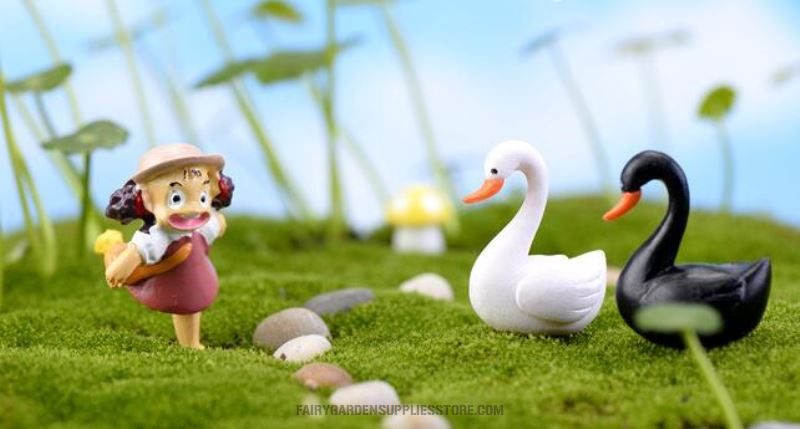 Pot Bonsai Fairy Garden Black White Swan Miniature Figurine Cartoon Love Ducks Decoration Mini Terrariums Fairy Garden Animals Statue Home Desk Kids Room Ornaments - 描述图 4