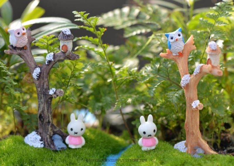Mini Fairy Garden Decoration Resin Tree Owls Terrariums Fairy Garden Accessories Emulational Branch Plant Animal Diy Assemble Pot Bonsai Table Decoration Accessories - 描述图 1