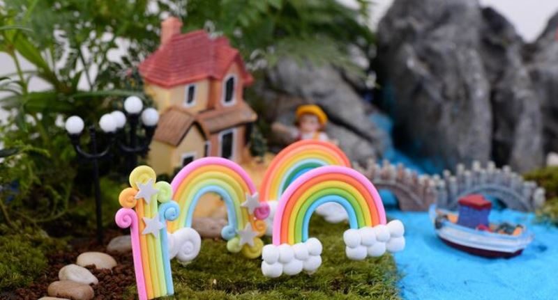 Polymer Clay Rainbow Flaky Clouds Stars Rainbow Pinkycolor Polymer Clay Fairy Garden Ornament Fairy Garden Micro Landscape Miniature Garden Ecology Bottle Fairy Garden - 描述图 3