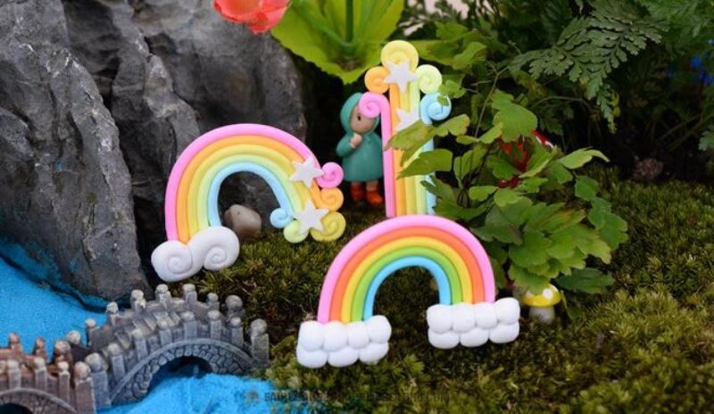 Polymer Clay Rainbow Flaky Clouds Stars Rainbow Pinkycolor Polymer Clay Fairy Garden Ornament Fairy Garden Micro Landscape Miniature Garden Ecology Bottle Fairy Garden - 描述图 4