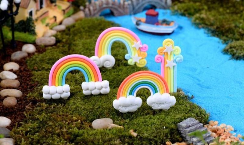 Polymer Clay Rainbow Flaky Clouds Stars Rainbow Pinkycolor Polymer Clay Fairy Garden Ornament Fairy Garden Micro Landscape Miniature Garden Ecology Bottle Fairy Garden - 描述图 5