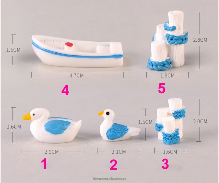 5Pcs/set Seaside Seagull Boat Stump Figurine Cartoon Animal 3D Model Fairy Garden Resin Craft Home Decoration Diy Accessories