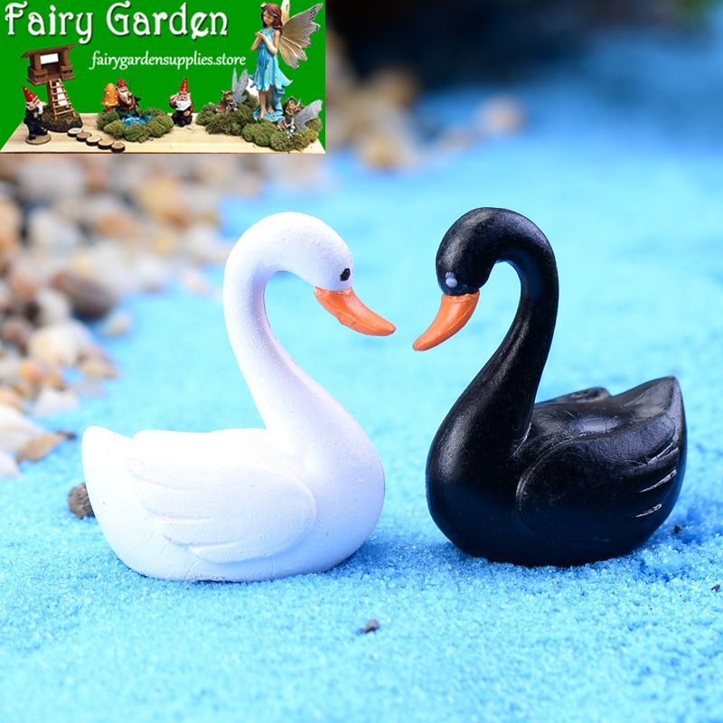 Pot Bonsai Fairy Garden Black White Swan Miniature Figurine Cartoon Love Ducks Decoration Mini Terrariums Fairy Garden Animals Statue Home Desk Kids Room Ornaments