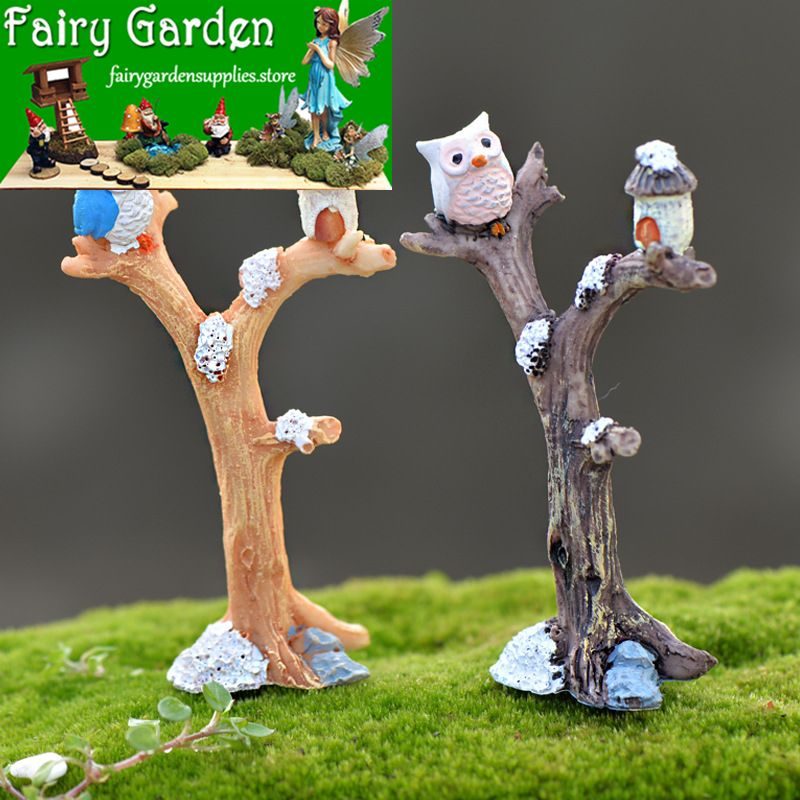 Mini Fairy Garden Decoration Resin Tree Owls Terrariums Fairy Garden Accessories Emulational Branch Plant Animal Diy Assemble Pot Bonsai Table Decoration Accessories
