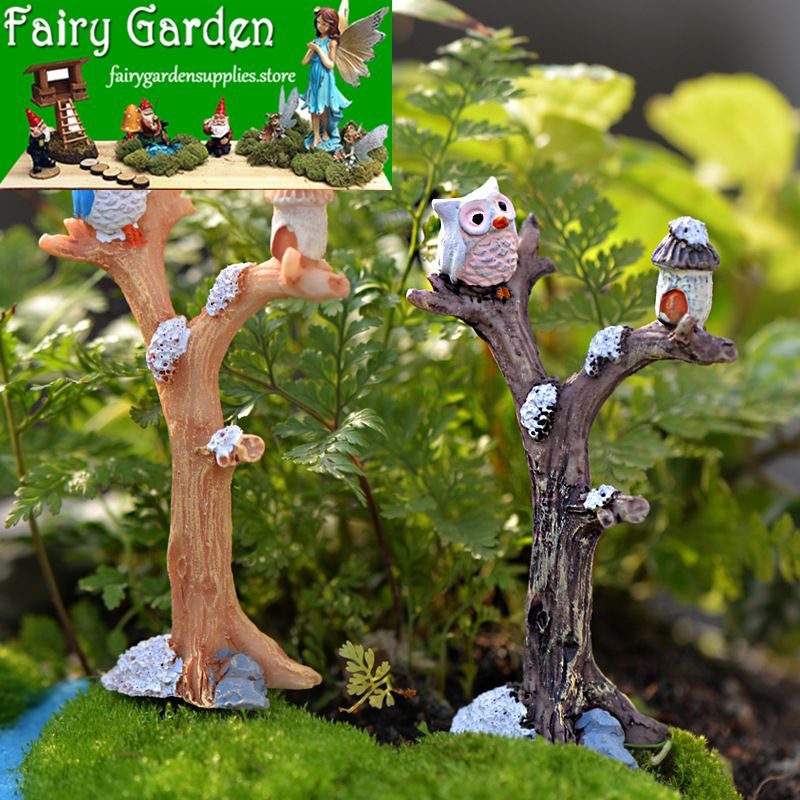 Mini Fairy Garden Decoration Resin Tree Owls Terrariums Fairy Garden Accessories Emulational Branch Plant Animal Diy Assemble Pot Bonsai Table Decoration Accessories