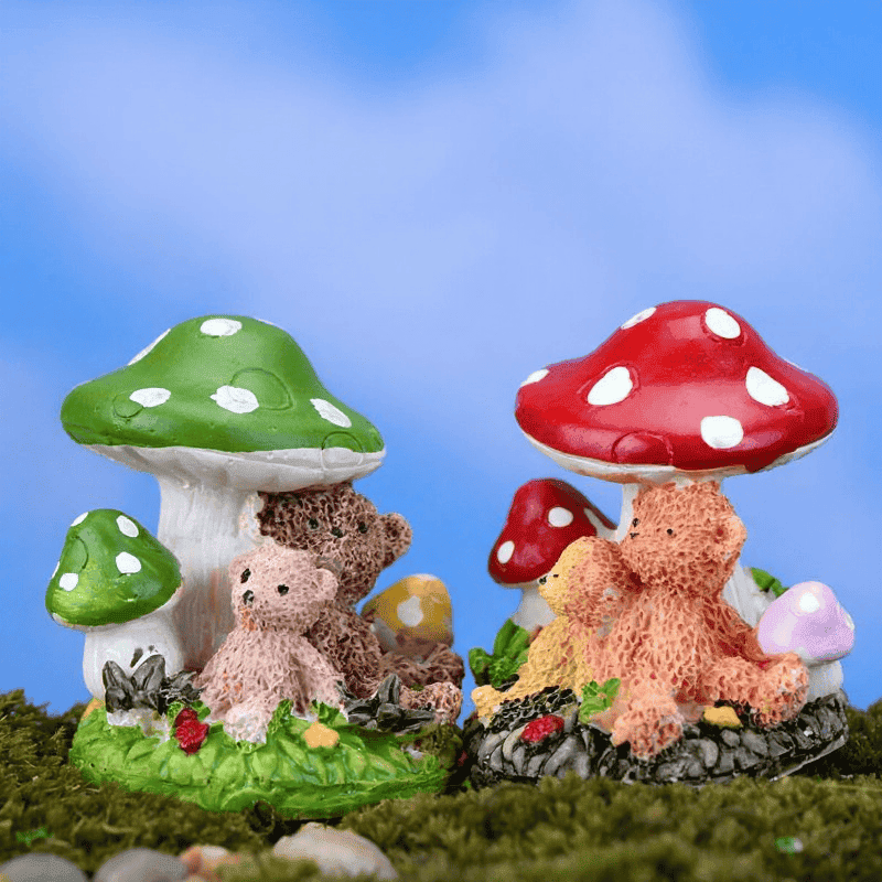 Fairy Garden Supplies Micro Landscape Miniature Garden Fairy Garden Decoration Fairy Garden Accessories Resin Fairy Garden Ornament Small Bears Mushroom Cartoon Lovely Model Diy Material