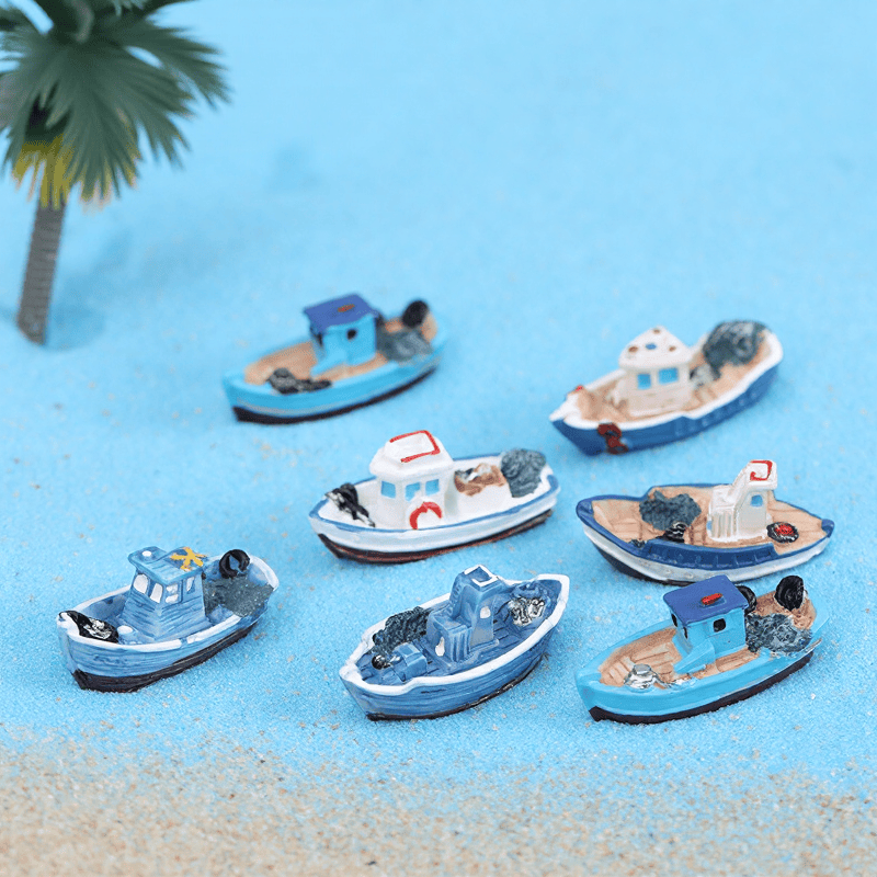 Mediterranean Mini Fishing Boat Ornament Micro Landscape Aquarium Decoration Handmade Fairy Garden Miniature Boat Fish Tank Seaside Yacht Decor