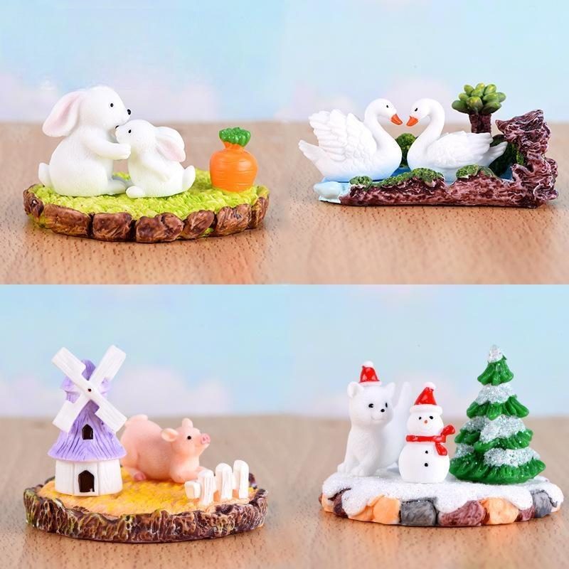 Moss Micro Landscape Resin Ornaments Animal Three-piece Set Piggy Rabbit Swan Spring Summer Autumn Winter Scenery Animal Accessories Image From Fairy Garden Supplies