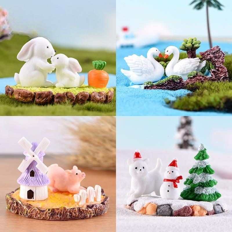 Moss Micro Landscape Resin Ornaments Animal Three-piece Set Piggy Rabbit Swan Spring Summer Autumn Winter Scenery Animal Accessories Image From Fairy Garden Supplies
